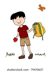 Back to school summer is over: little boy cartoon character in uniform with his backpack and apple.