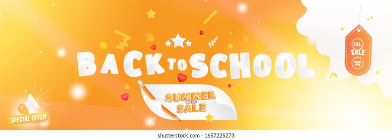 Back to School. Summer Sale 50% Special offer. Text effect with loudspeaker. Horizontal web banner on the background with light effects. Flat Vector Illustration EPS10