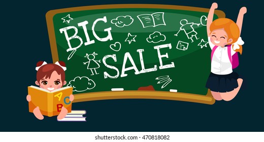 Back to School summer sale background. Boy and girl at the blackboard, education concept banner