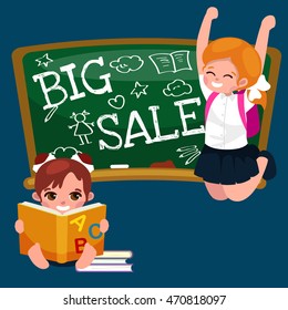 Back to School summer sale background. Boy and girl at the blackboard, education concept banner