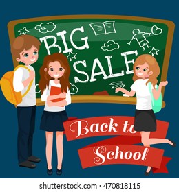 Back to School summer sale background. Boy and girl at the blackboard, education concept banner