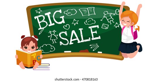Back to School summer sale background. Boy and girl at the blackboard, education concept banner