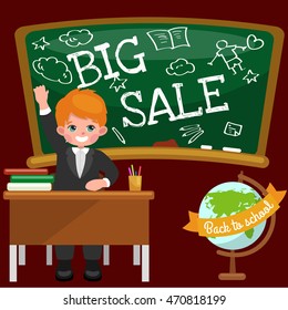 Back to School summer sale background. Boy and girl at the blackboard, education concept banner