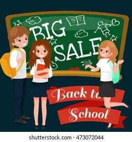 Back to School summer sale background. Boy and girl at the blackboard, education concept banner