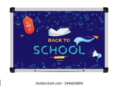 Back to School. Super Sale 50% special offer. Set of doodle icons with green planning desk and book. Concept for education. Flat vector illustration EPS10.