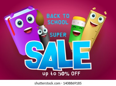 Back to school, super sale lettering, notebook, ruler and brush. Offer or sale advertising design. Typed text, calligraphy. For leaflets, brochures, invitations, posters or banners.