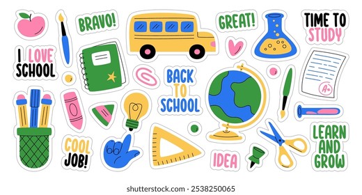 Back to school supplies and accessories, education time start stickers and motivational quote phrases badges isolated collection. Elementary and primary student studying stationery vector illustration