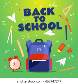 Back to School.  School supplies: backpack, clock, compass, pen, pencil, marker, triangle, numbers. Vector illustration EPS 10