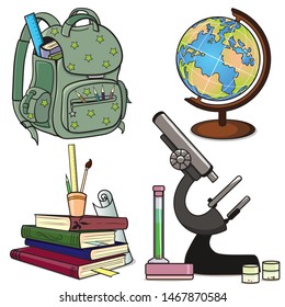 
Back to school supplies, backpack, colored pencils, books, microscope, test tubes, globe isolated on white