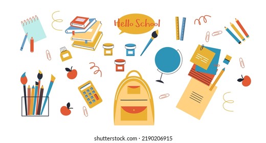 Back to school. School supplies. School backpacks, note paper, books, pens and pencils,calculator. Flat cartoon vector illustration. Icon est School supplies