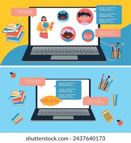 De vuelta a la escuela. Útiles escolares. Mochilas escolares, papel de notas, libros, calculadora. Ilustración de vector de dibujos animados. 