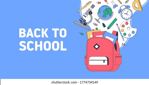 Zurück zur Schule. Die Schule versorgt mit Tasche. Vorlagen mit Platz für Text für Einladung, Poster, Banner, Verkauf. Vektorgrafik zurück zur Schulgrafik.