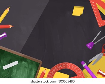 back to school, school supplies with blackboard background