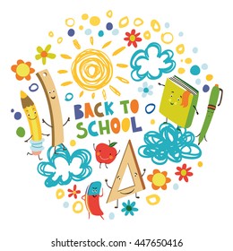Back to school. School supplies: book, pencil, pen, eraser, ruler.