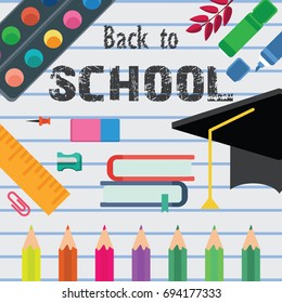 back to school and supplies for school. Bright school supplies on background notebook