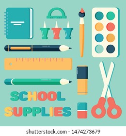Back to school supplies. Calculator, eraser, pens, brush, scissors, ruler, notebook, backpack, watercolor, pin, marker, sharpener. Office and student items set