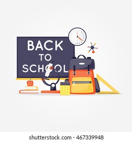 Back to school. School supplies calculator, magnifier, eraser, pen, brush, scissors, ruler, backpack, globe. Flat design vector illustration.