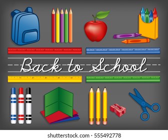 Back to School Supplies, chalkboard, backpack, crayons, pencils, sharpener, markers, folders, scissors, apple for the teacher, cursive script handwriting, penmanship lines. EPS8 compatible.  