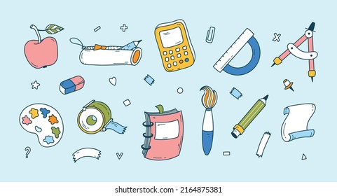 Back to School. School Supplies Clipart Set for kids design. Education Elements Outline Drawing. Vector illustration