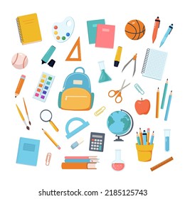 Back to school supplies collection. Set of colored stationery, backpack, textbooks, notebooks, sports equipment, drawing, chemical flasks. Flat Cartoon Vector Illustrations.