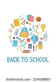 Back to school supplies collection. Set of colored stationery, backpack, textbooks, notebooks, sports equipment, drawing, chemical flasks. Flat Cartoon Vector Illustrations. 