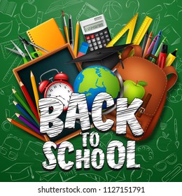Back to School with school supplies and doodles on green chalkboard background
