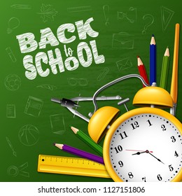 Back to School with school supplies and doodles on chalkboard background