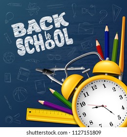 Back to School with school supplies and doodles on chalkboard background

