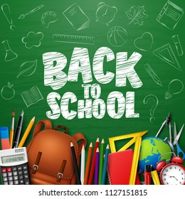 Back to School with school supplies and doodles on green chalkboard background