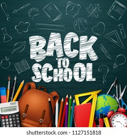 Back to School with school supplies and doodles on blue chalkboard background