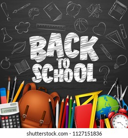 Back to School with school supplies and doodles on blackboard background