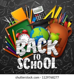 Back to School with school supplies and doodles on green chalkboard background