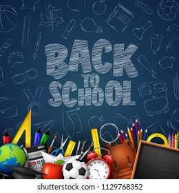 Back to School with school supplies and doodles on blue chalkboard background