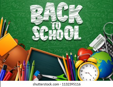 Back to School with school supplies and doodles on green chalkboard background