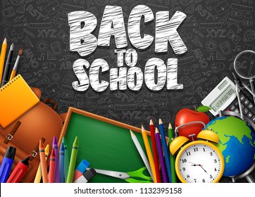 Back to School with school supplies and doodles on black chalkboard background