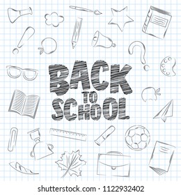 Back to school supplies doodles set with lettering