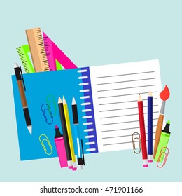 Back to school. School supplies. Education concept. Vector illustration of style Flat.