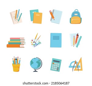 Back to school supplies and education items icon set. Set of colored stationery, diary, textbooks, notebooks, calculator, drawing, ruler, brush, globe. Flat Cartoon Vector Illustrations.