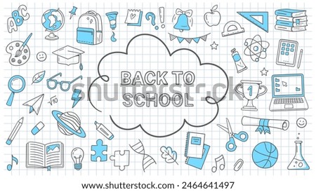 Back to school. School supplies and educational elements are drawn on a notebook sheet. Hand-drawn vector illustrations for banners or promo. 