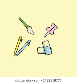 back to school, back to school supplies and equipment, colored pencils, erasers, painting brushes, set of colorful learning equipment icons