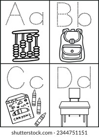 Back To School School Supplies: Flashcard Sheets for Letters A, B, C, and D: Ask your kids to identify the items (abacus, bag, crayon, desk)