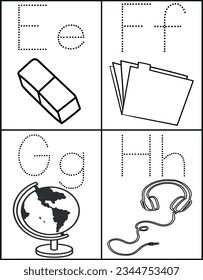 Back To School School Supplies: Flashcard Sheets for Letters E, F, G, and H: Ask your kids to identify the items (eraser, file, globe, headphone)