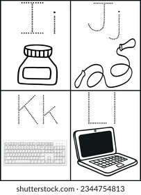 Back To School School Supplies: Flashcard Sheets for Letters I, J, K, and L: Ask your kids to identify the items (ink, jump rope, keyboard, laptop)