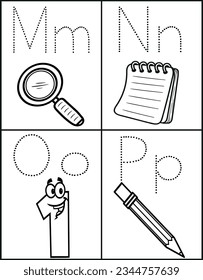 Back To School School Supplies: Flashcard Sheets for Letters M, N, O, and P: Ask your kids to identify the items (magnifying glass, notebook, one, and pencil)