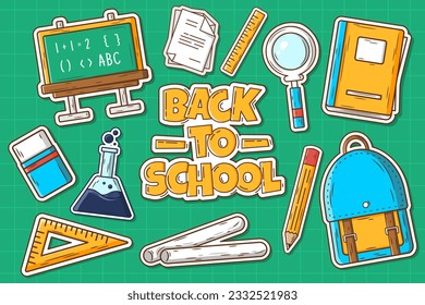 Back to school supplies flat design illustration. Set of school elements book, pencil, bag, chalk, chemistry, paper vector design. Back to school doodle icon set