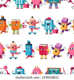 Back to school supplies funny characters vector cartoon set isolated on a white background.