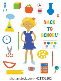 Back to school supplies and girl set. Funny design, flat style in vector