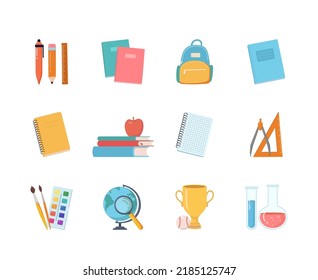 Back to school supplies icons collection. Set of colored stationery, backpack, textbooks, notebooks, winner's cup, drawing, chemical flasks, globe. Flat Cartoon Vector Illustrations.