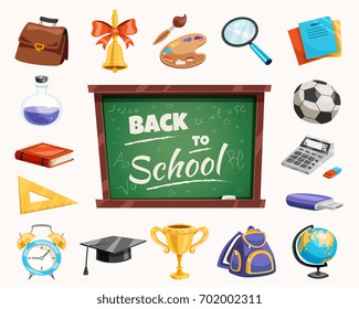 Back to school supplies icons composition poster with chalkboard calculator bell ruler terrestrial globe backpack vector illustration