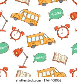 back to school supplies icons in seamless pattern with colorful doodle style